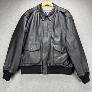 Vintage AIRBORNE Leather‎ Jacket Black Bomber Patch Pockets Flight Coat USA 100%